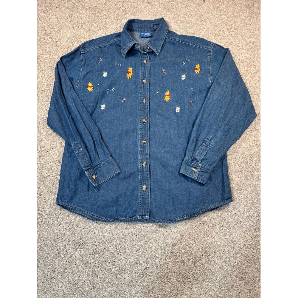 Disney Winnie the Pooh Embroidered Denim Button Up Shirt Blue Women Medium